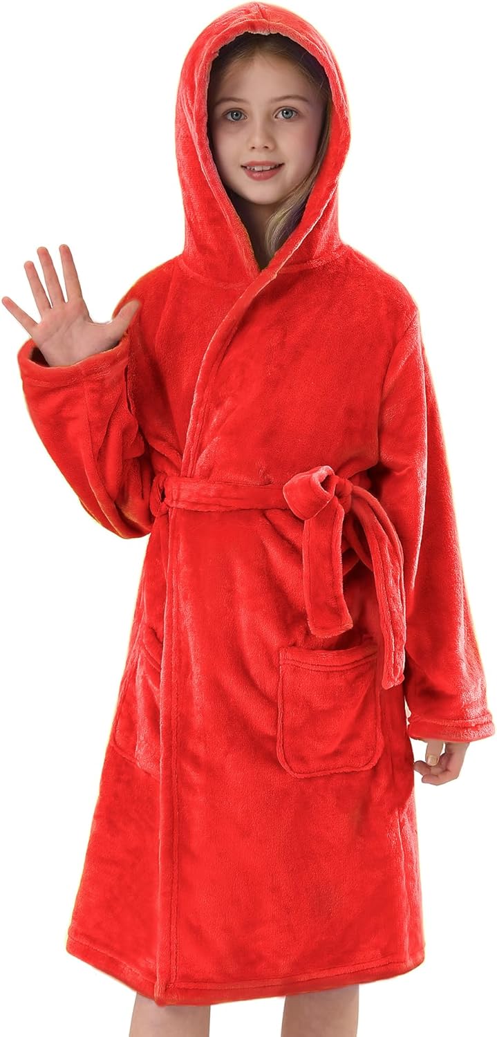 Girls Hooded Fleece Bathrobe - Soft Plush Warm Robe for Kids 3-14 Years Coral Red