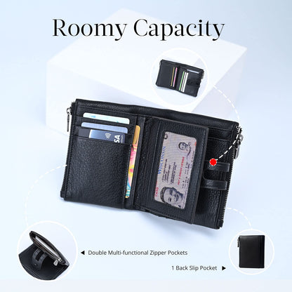Women Leather Wallet - Small RFID Blocking Card Holder with Double Zipper