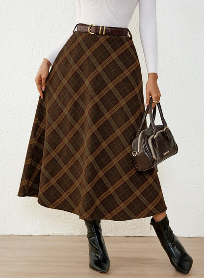 Women's Plaid Skirts - High Waist A-Line Midi Tartan Skirt with Pockets
