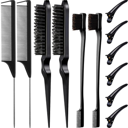 Hair Brush Set 12 Pieces Double Sided Edge Brush Teasing Combs Styling Kit Black