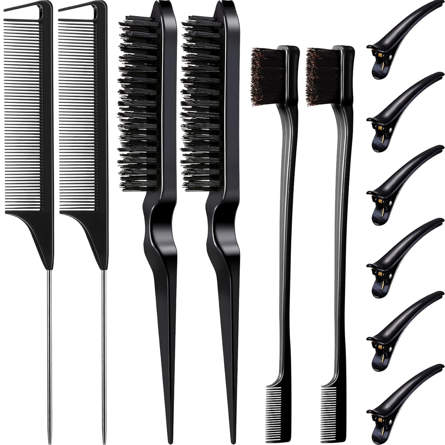 Hair Brush Set 12 Pieces Double Sided Edge Brush Teasing Combs Styling Kit Black