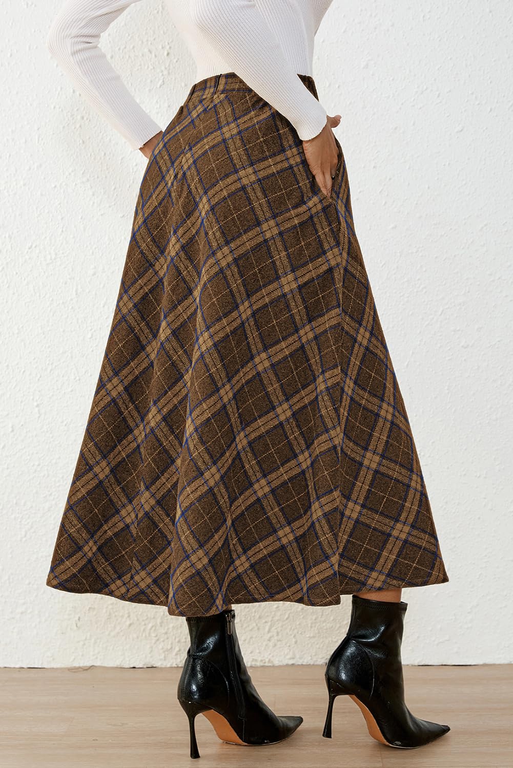 Women's Plaid Skirts - High Waist A-Line Midi Tartan Skirt with Pockets