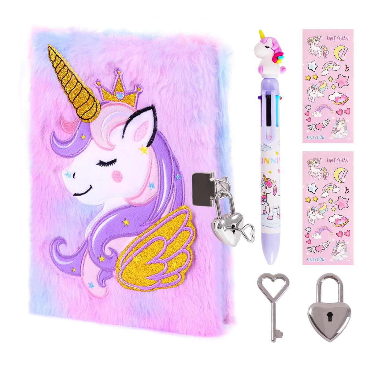 Girls Heart Diary with Lock and Keys - Cute Plush Secret Journal Notebook Gift Ages 6-8 Unicorn