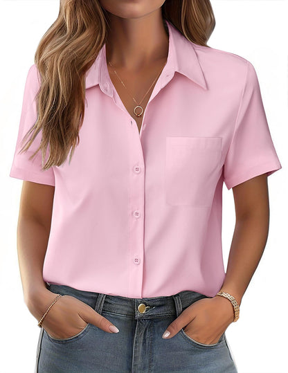 Polyester Blouse - Women's Button Down Shirt Short Sleeve Business Casual Blouse with Chest Pocket Large Light Pink