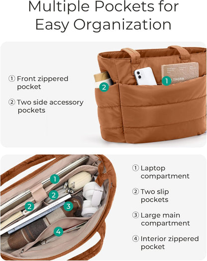 Women's Quilted Tote Bag Lightweight Puffy Shoulder Bag with Compartments