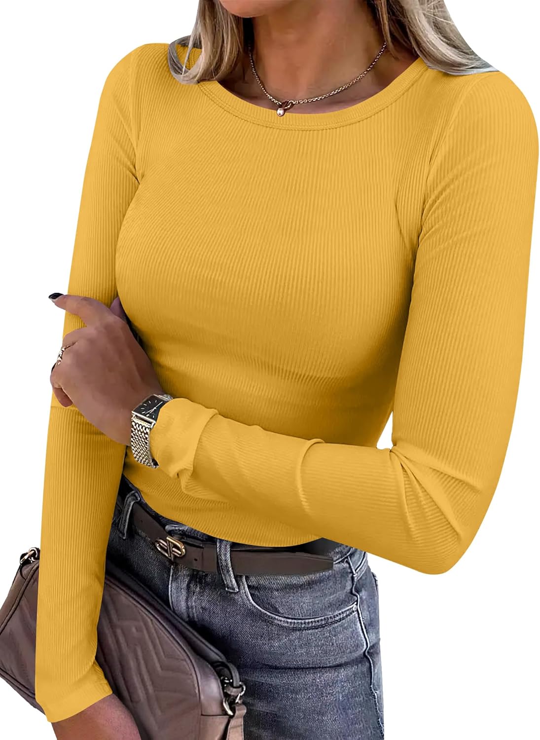 Women's Long Sleeve Rib Knit Shirt Slim Fit Crew Neck Basic Tee