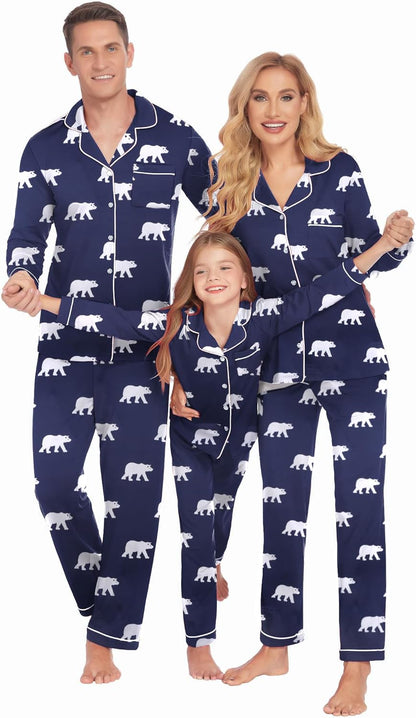 Christmas Family Matching Pajamas - Long Sleeve Button Down PJ Set Navy Blue Bear