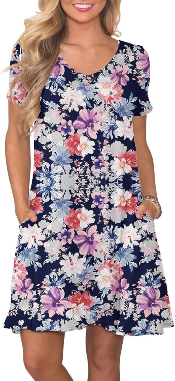 Women's Casual T-Shirt Dress Short Sleeve Summer Swing Dress with Pockets Blue Multi Floral