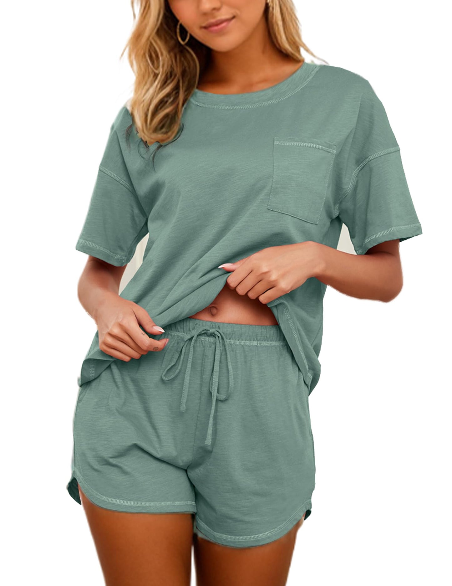 Women's Cotton Pajama Set - Short Sleeve Top and Shorts Sleepwear Lounge Set