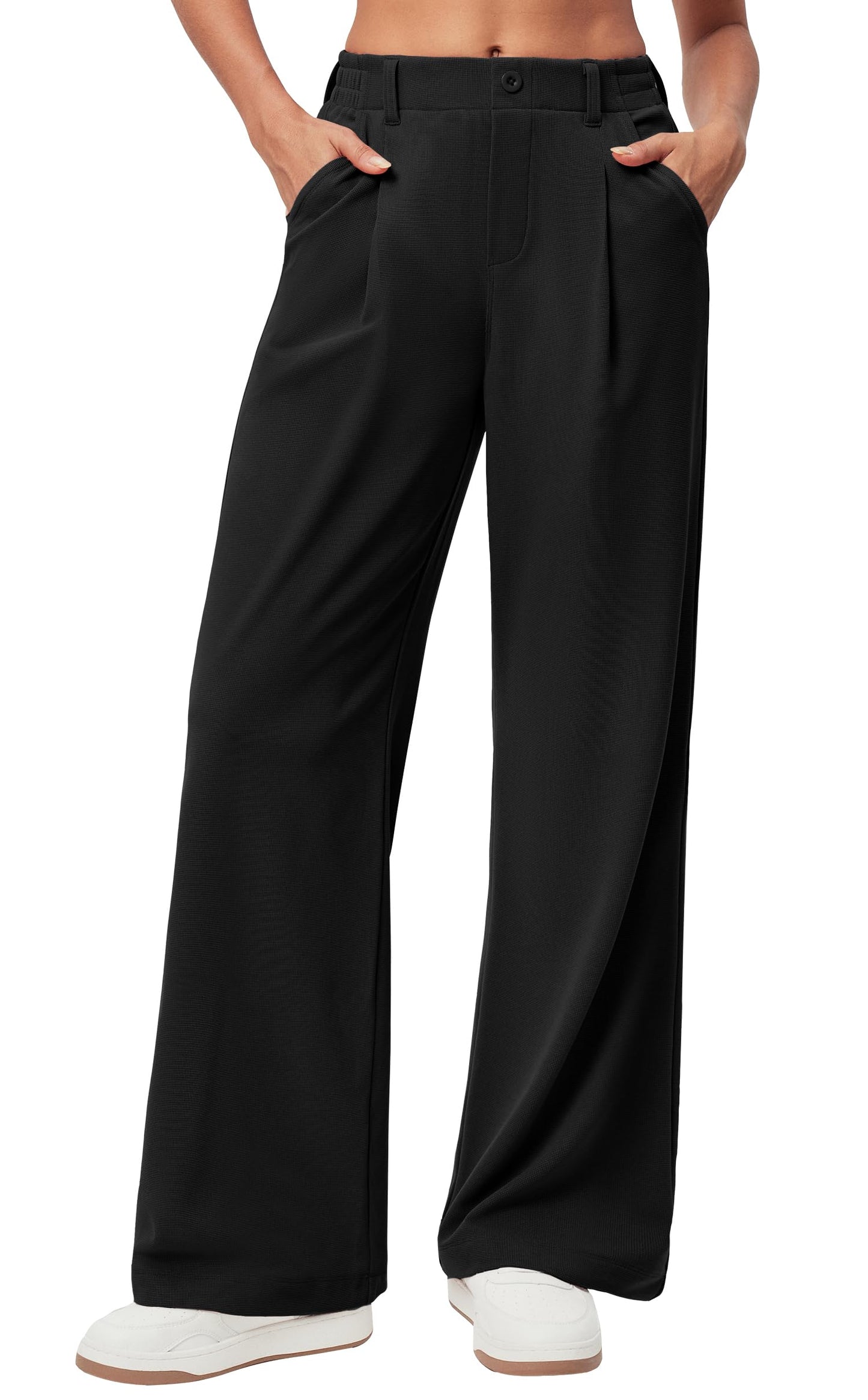 Women's Wide Leg Work Pants - Stretchy Pull-On Business Casual Trousers with Pockets Black- 28'' Regular
