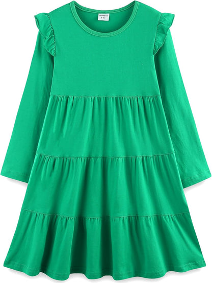Bumeex Girl's Dresses Cotton Ruffle Sleeve Tiered Swing A-Line Cute Midi Casual Sundress #Green