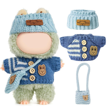 3 Piece Handmade Crochet Outfit for 17cm Dolls - Heart Sweater Hat & Bag Set Bunny - Blue