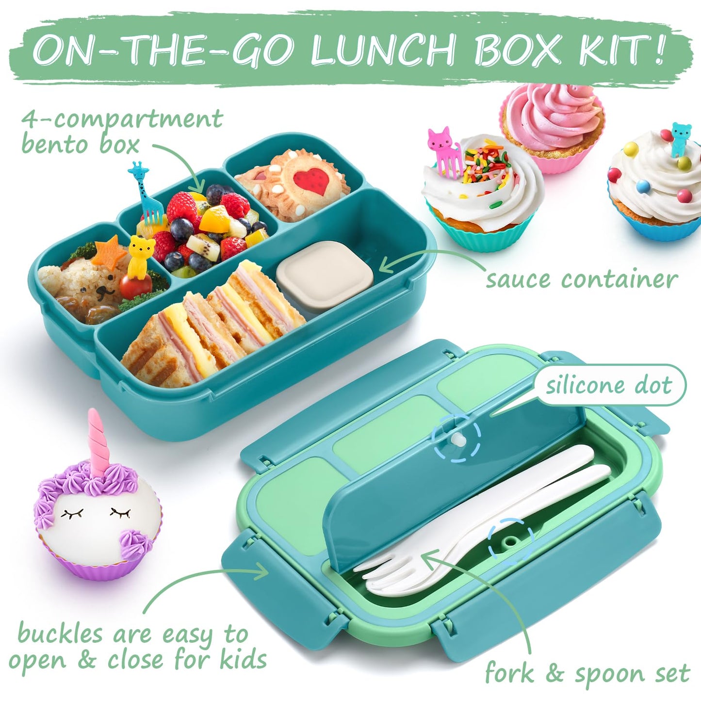 Bento Lunch Box for Kids - 4 Compartment Leak-Proof School Lunch Container with Utensils Purple
