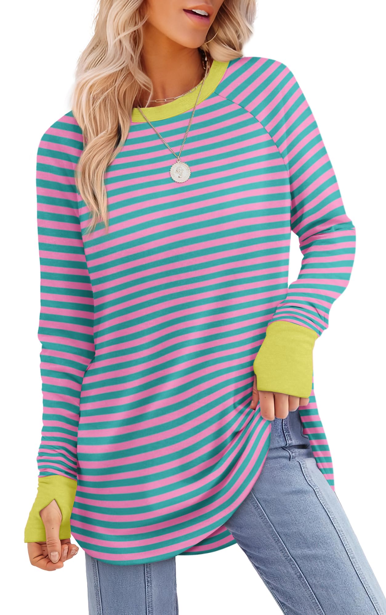 Tunic Top with Thumb Holes for Women - Long Sleeve Shirt with Curved Hem
