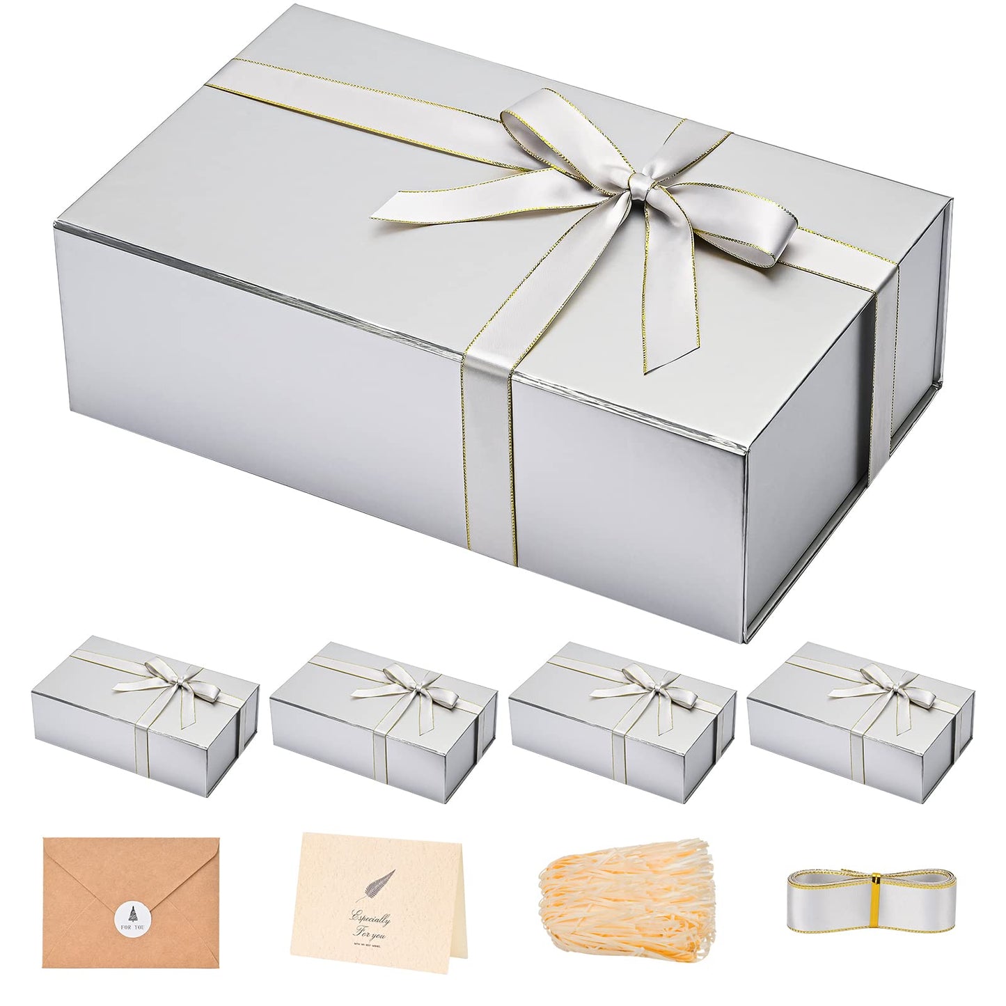 Gift Boxes with Lids 2 Pack - Magnetic Closure with Ribbon, Card, Filler & Sticker 1 Count (Pack of 5) Silver