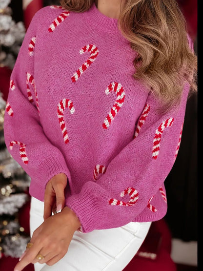 Christmas Candy Cane Holiday Drop Shoulder Sweater Hot Pink