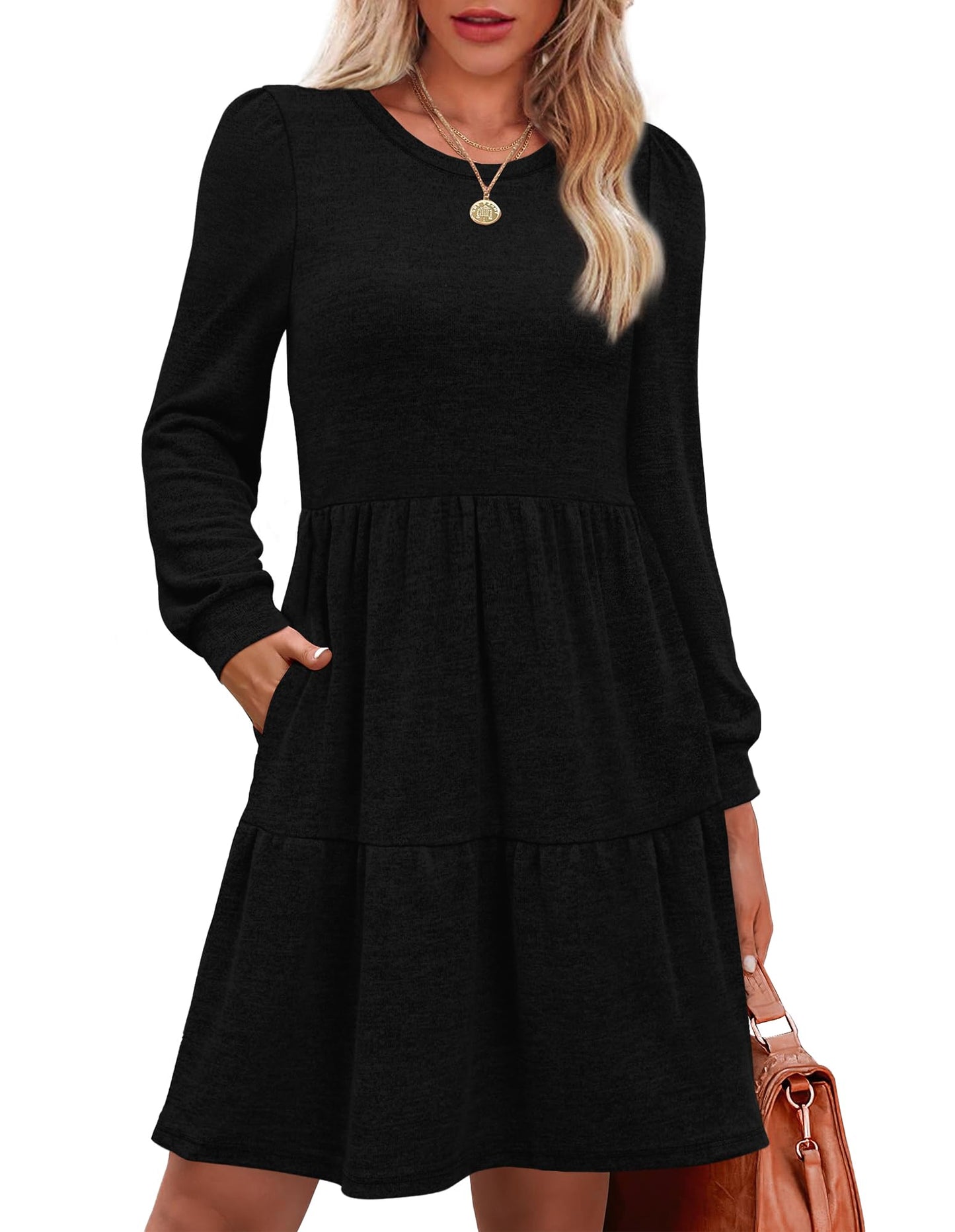 Women's Long Sleeve Fall Dresses with Pockets - Crew Neck Babydoll Casual Dress