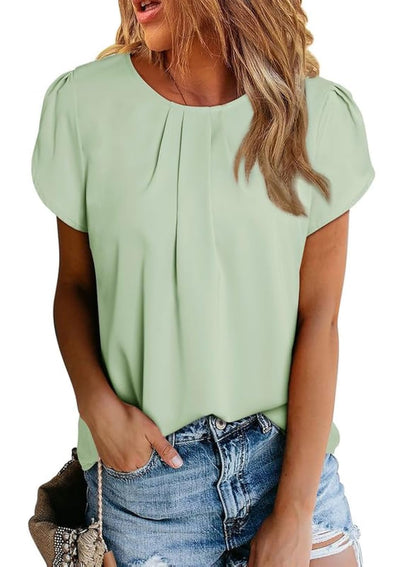 Polyester Blouses - Women's Chiffon Blouse Short Sleeve Pleated Top with Keyhole Back Detail Meadow Mist Green