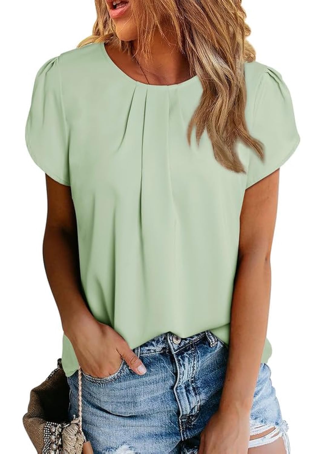 Polyester Blouses - Women's Chiffon Blouse Short Sleeve Pleated Top with Keyhole Back Detail Meadow Mist Green