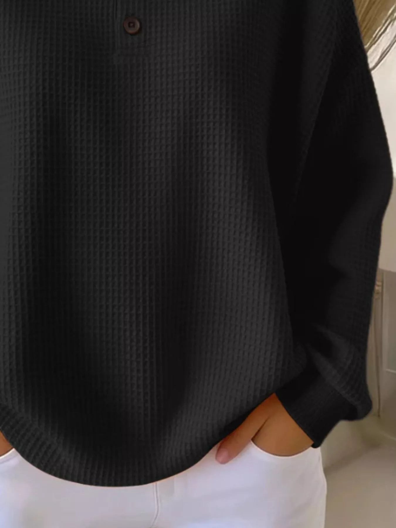 Full Size Waffle Knit Button Detail Top Plus Size