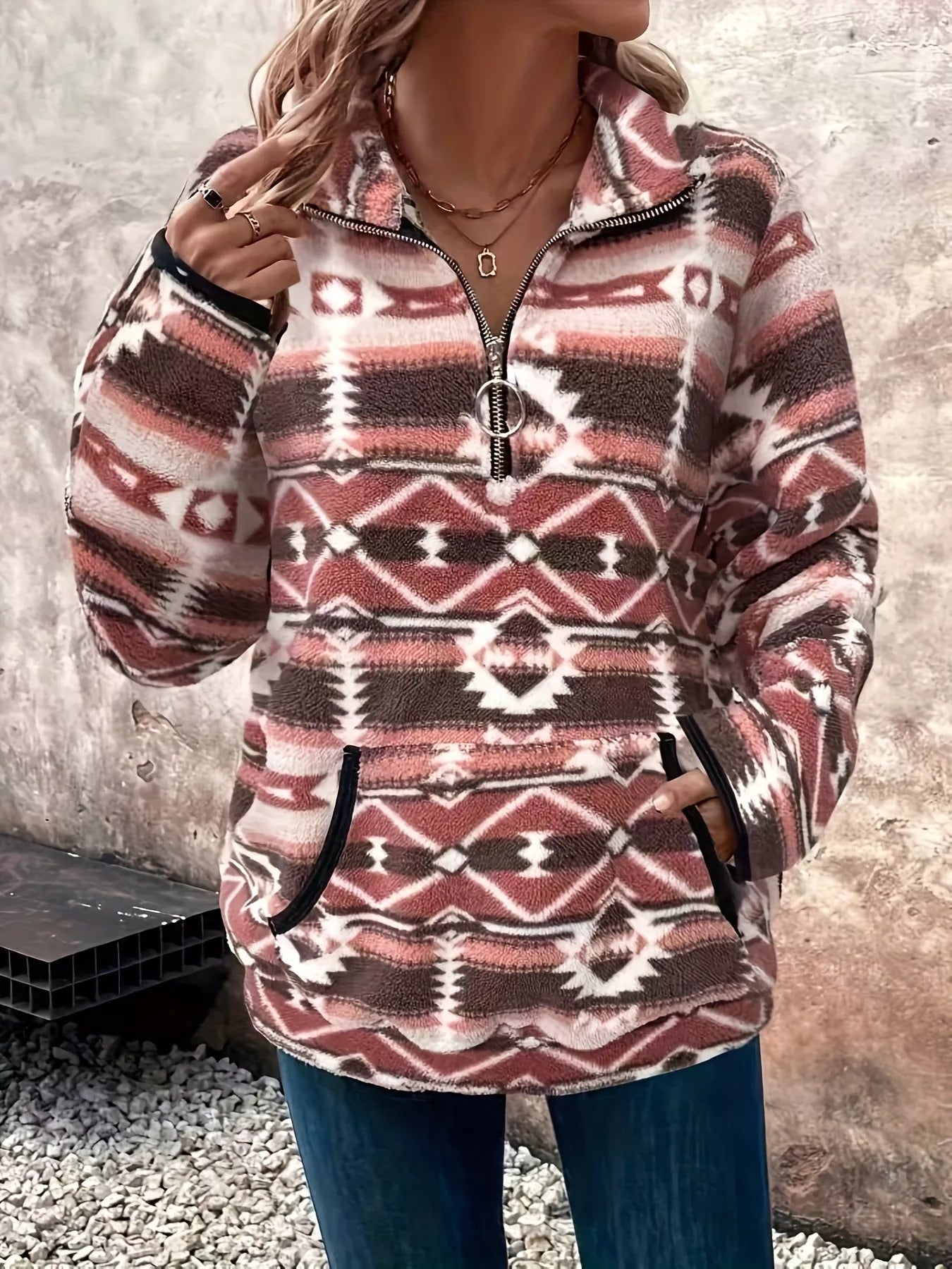 Geometric Half Zip Long Sleeve Sweatshirt