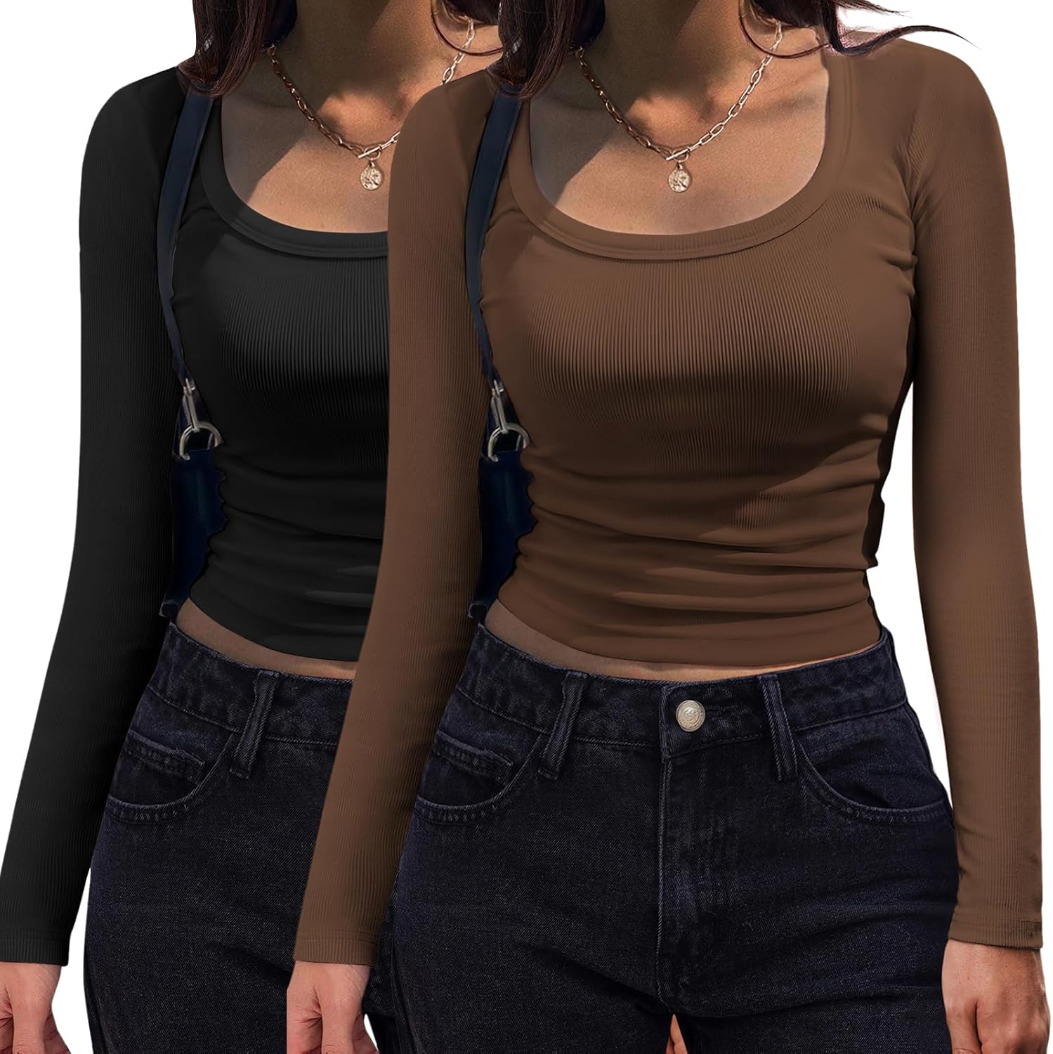 Women's Long Sleeve Scoop Neck Shirt Slim Fit Rib Knit Top