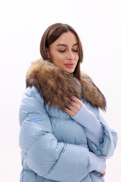 Genuine Fur Trim Down Fill Coat in Blue