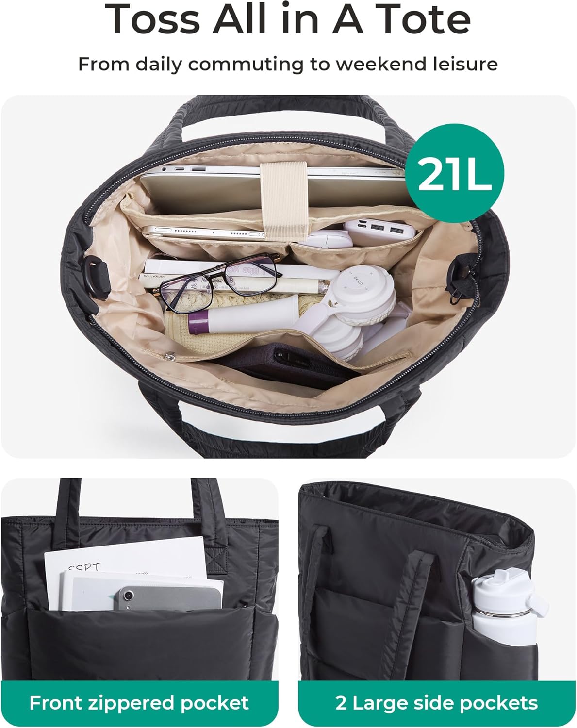 Women's Quilted Tote Bag Lightweight Puffy Shoulder Bag with Compartments