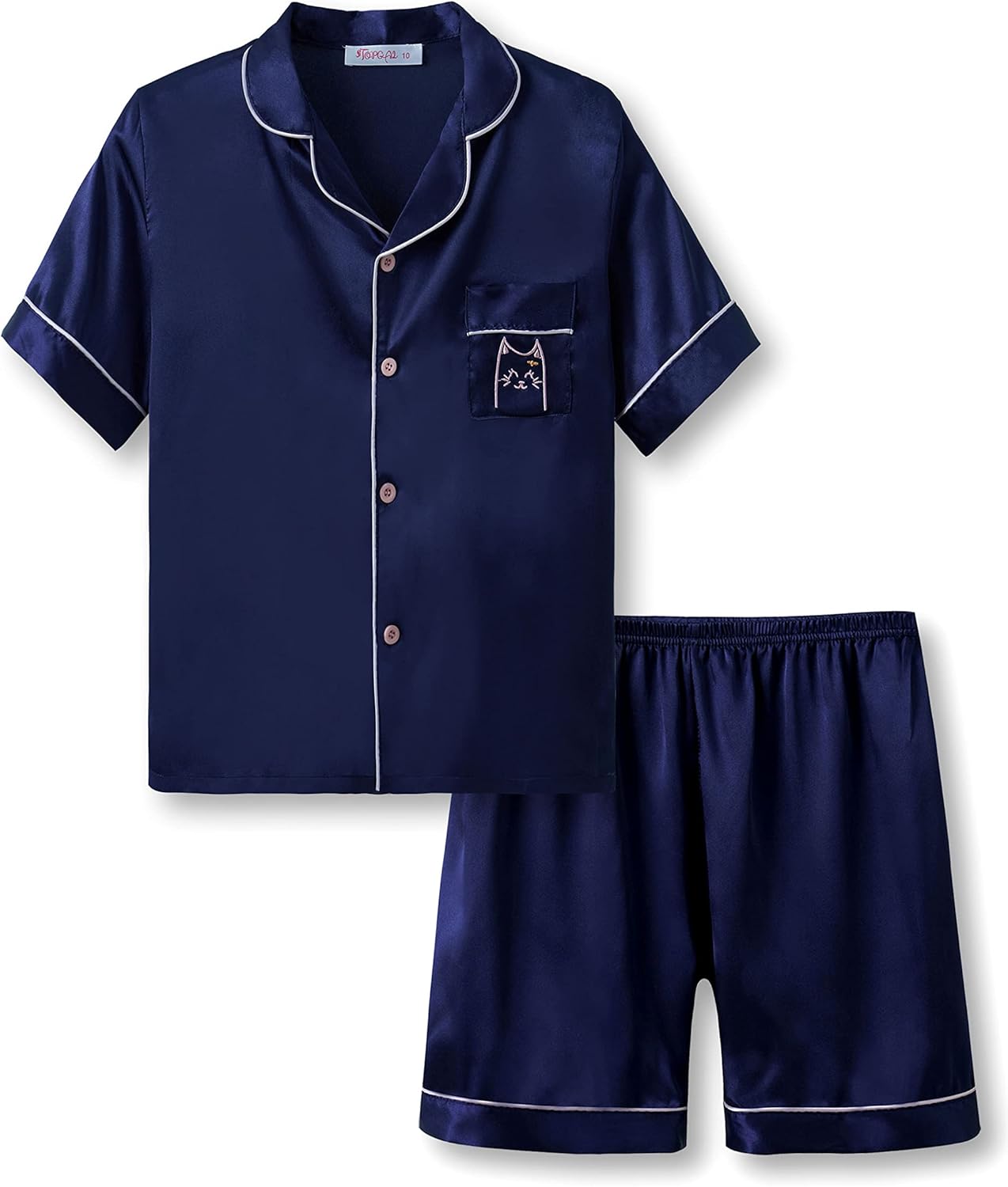 Girls Satin Pajama Set - Silky Button Down PJ with Shorts Size 6-16 Navy