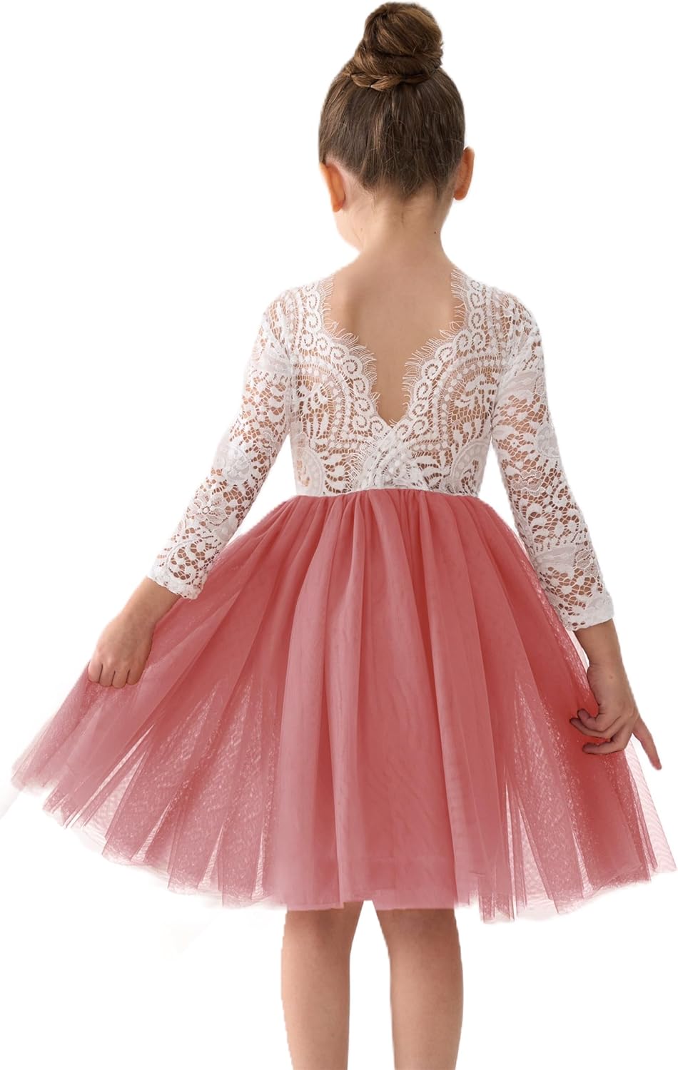 Girls Tulle Flower Girl Dress - Lace Back A-Line Party Dress Dusty Rose Sleeve Short
