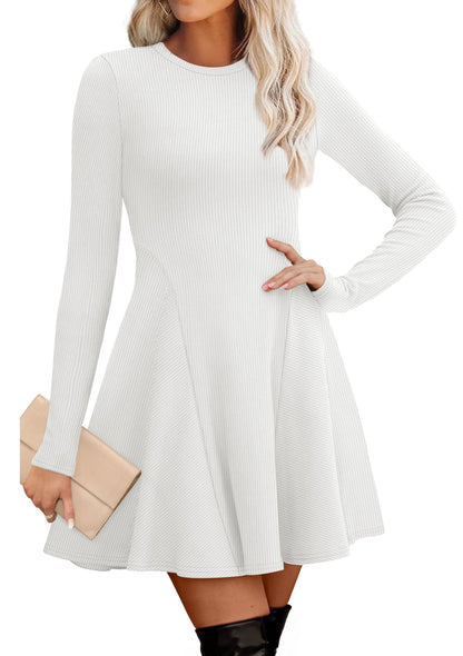 Women's Sweater Dress - Long Sleeve Ribbed Knit Fit and Flare A-Line Dress