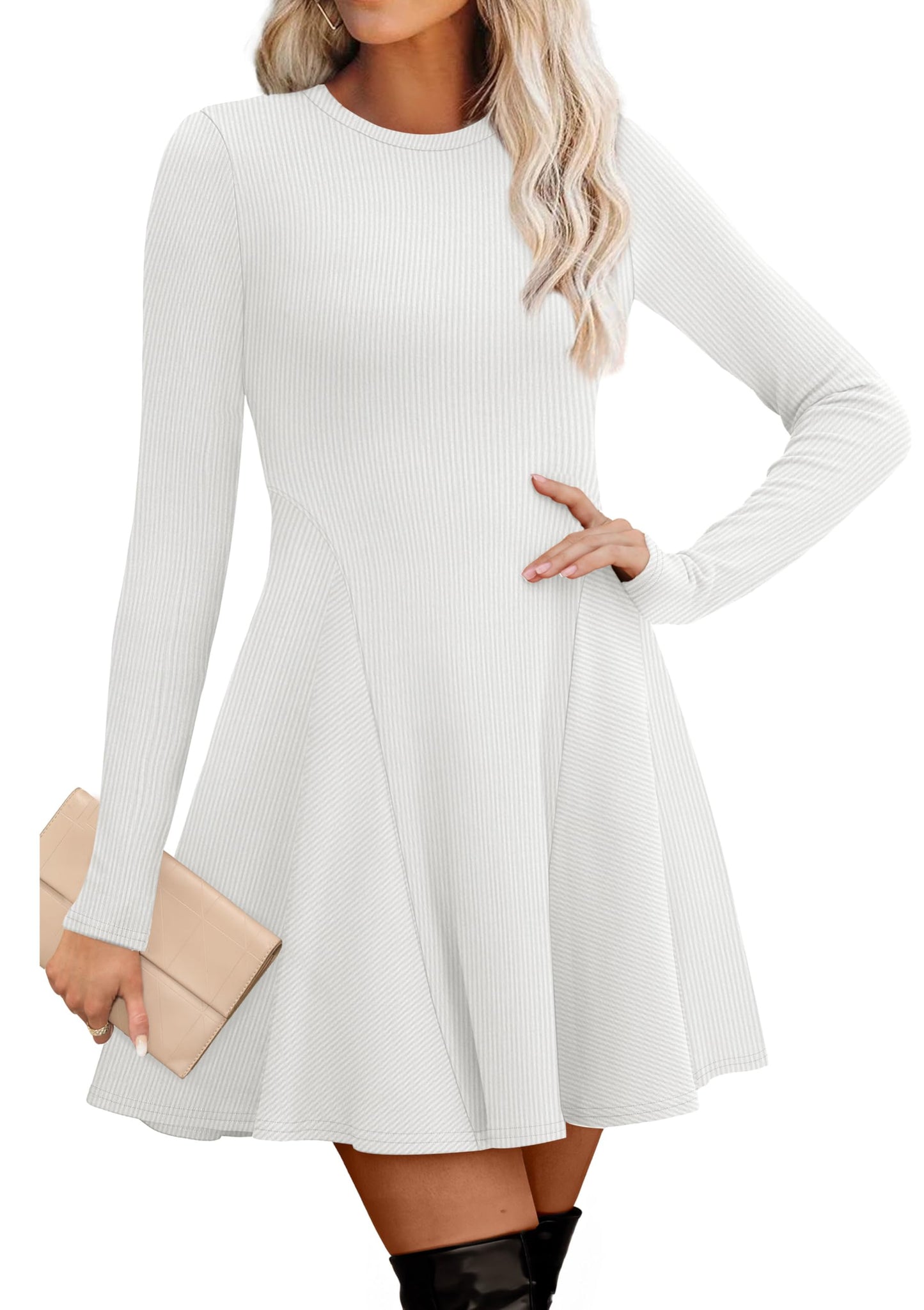 Women's Sweater Dress - Long Sleeve Ribbed Knit Fit and Flare A-Line Dress White
