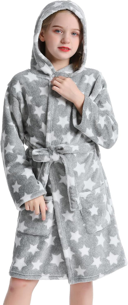 Girls Hooded Fleece Bathrobe - Soft Plush Warm Robe for Kids 3-14 Years Star Gray