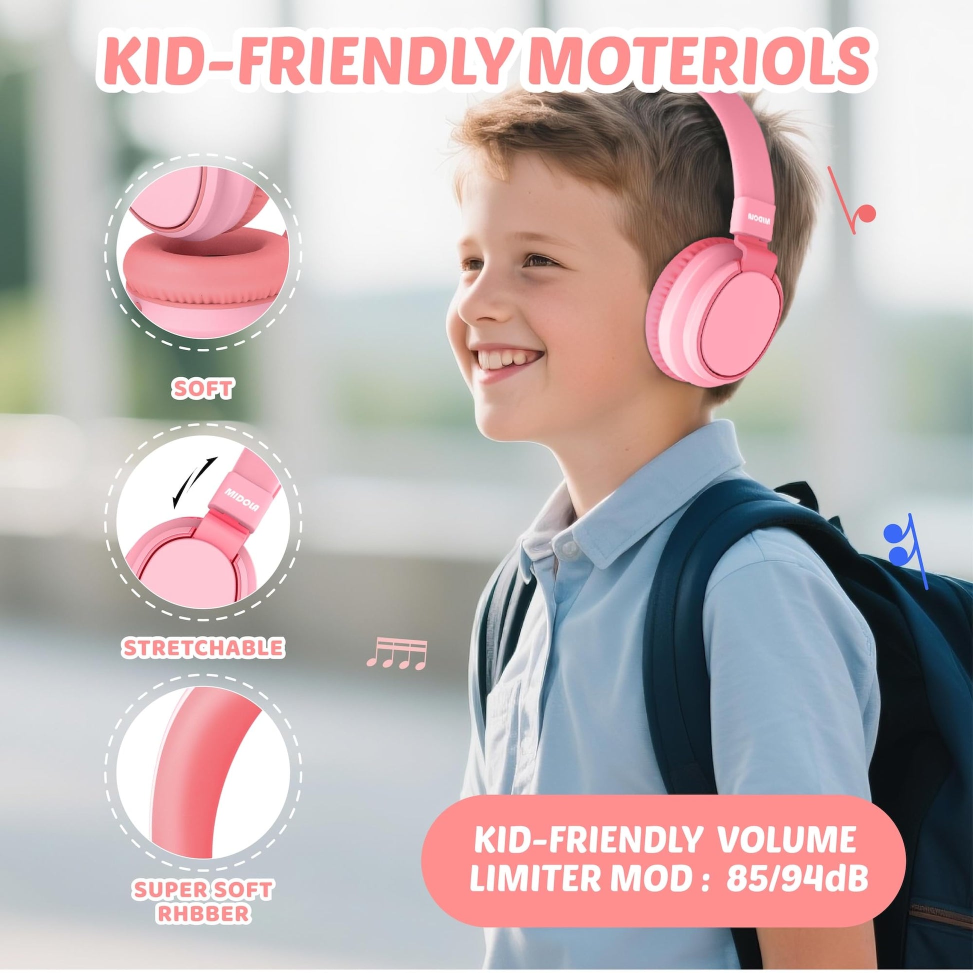 Kids Headphones Volume Limited 85/94dB - Wired Over-Ear Foldable Headset with Microphone Pink