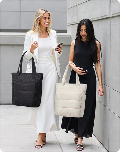 Women's Quilted Tote Bag Lightweight Puffy Shoulder Bag with Compartments