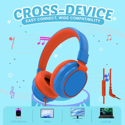 Kids Headphones Volume Limited 85/94dB - Wired Over-Ear Foldable Headset with Microphone Pink