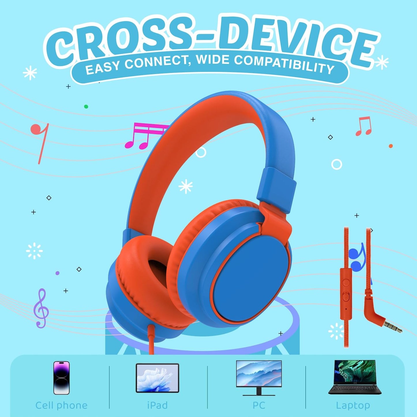 Kids Headphones Volume Limited 85/94dB - Wired Over-Ear Foldable Headset with Microphone Pink