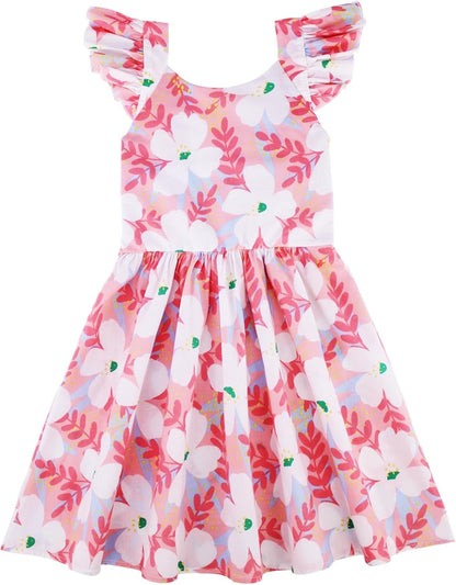 Girls Floral Cotton Dress - Sleeveless Summer Dress with Zipper Closure D87