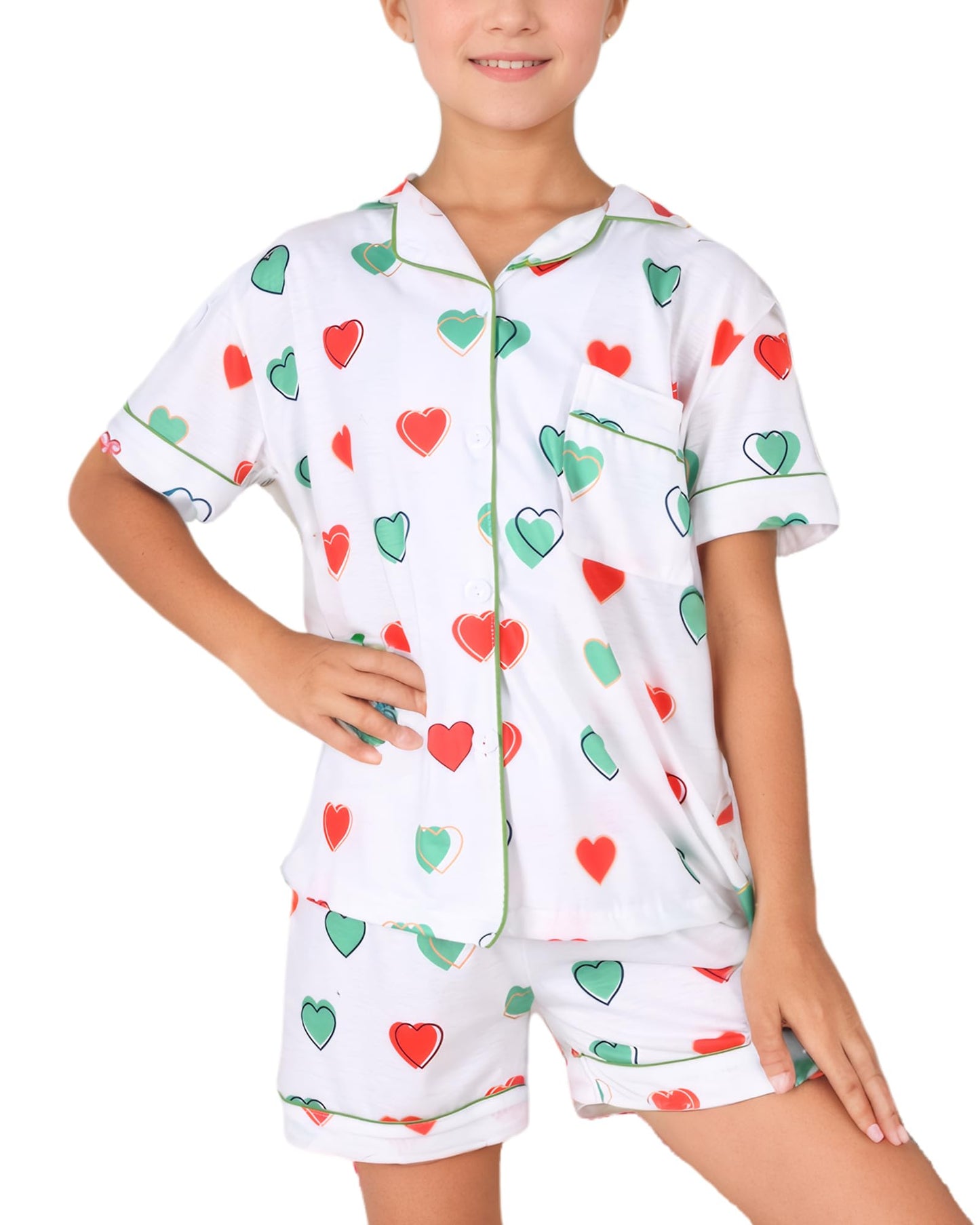 Roller Rabbit Pajamas Kids - Girls Summer 2 Piece Set - Button Down Top and Shorts Big Heart