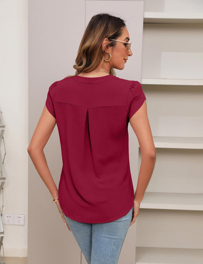 Beautiful Blouses For Ladies - Women's V-Neck Blouse with Pintuck Detail Short Petal Sleeve Business Top