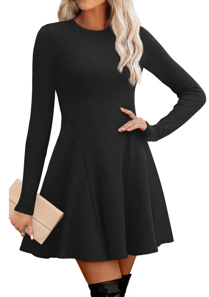 Women's Sweater Dress - Long Sleeve Ribbed Knit Fit and Flare A-Line Dress