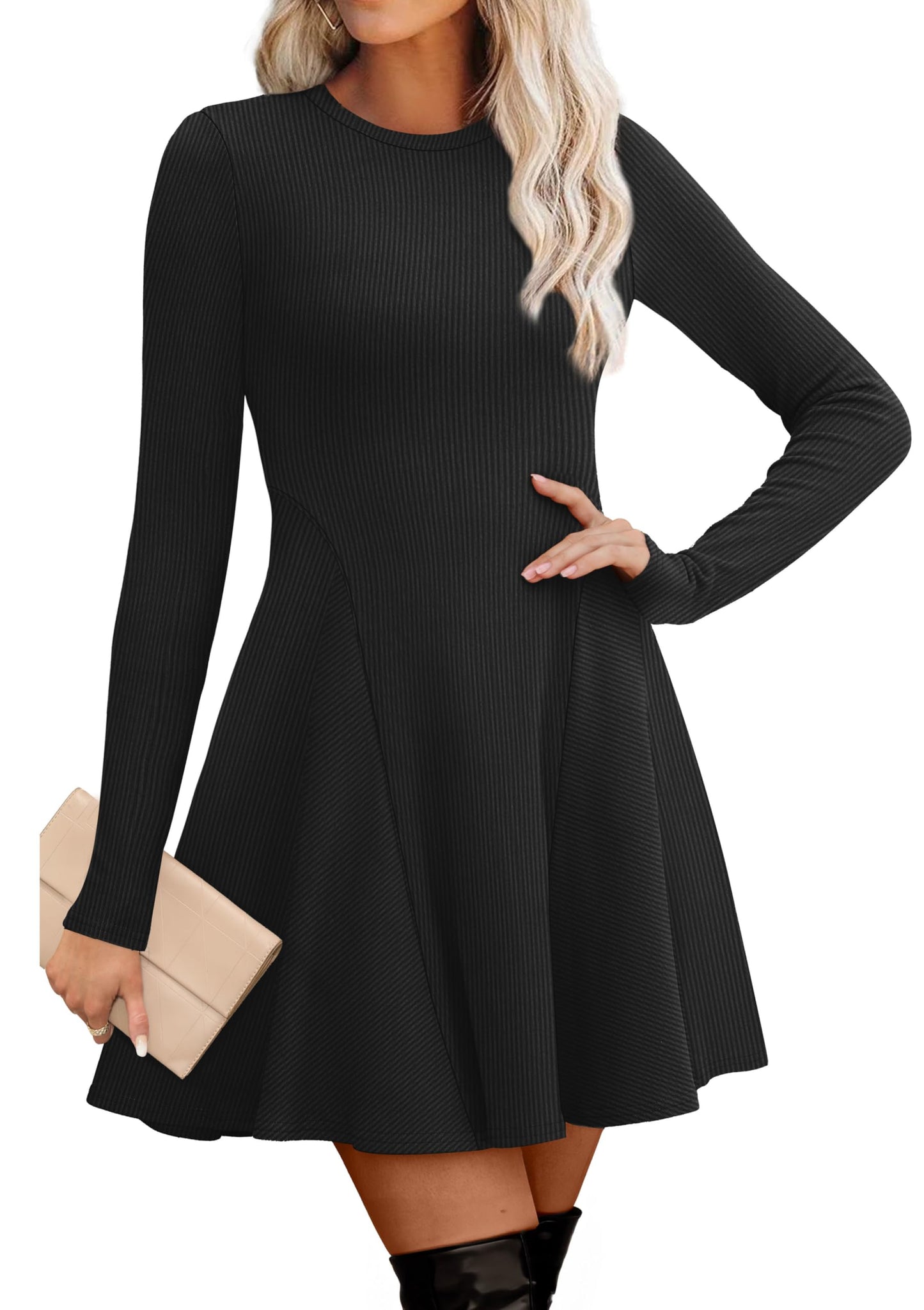 Women's Sweater Dress - Long Sleeve Ribbed Knit Fit and Flare A-Line Dress A Black