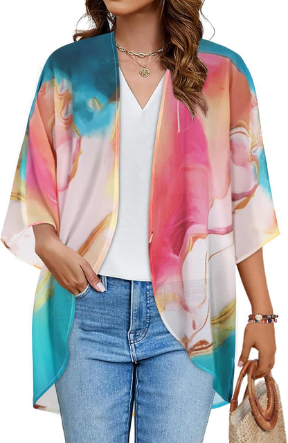 Floral Print Kimono Cardigan Women Puff Sleeve Cover Up Casual Blouse Loose Top