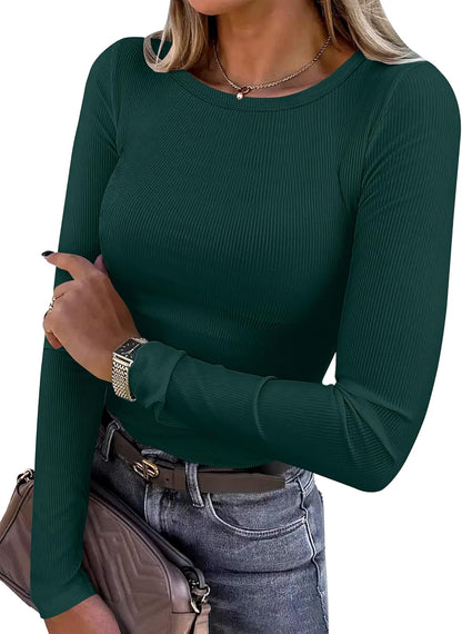 Women's Long Sleeve Rib Knit Shirt Slim Fit Crew Neck Basic Tee Forest Green
