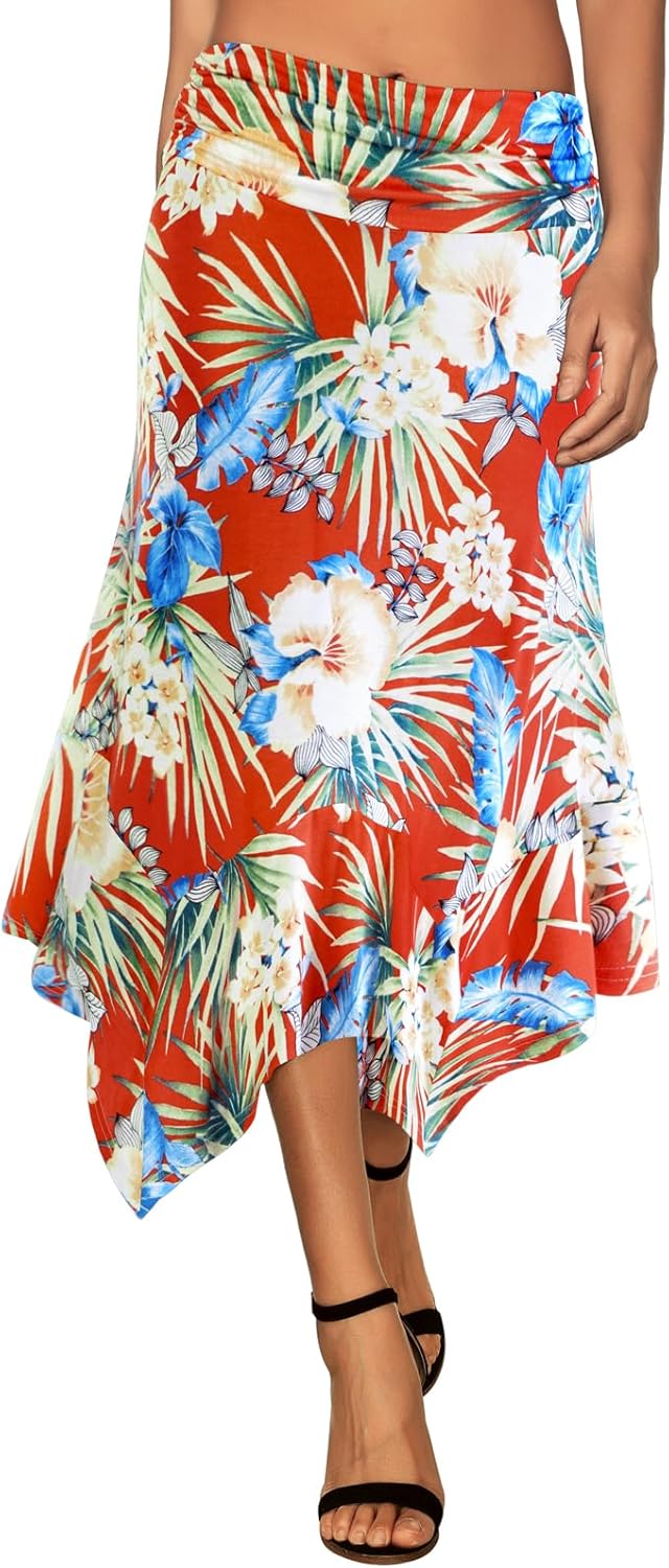 Women's Flowy Handkerchief Hemline Midi Skirt - Elastic Waist Asymmetrical Hem Orange Floral