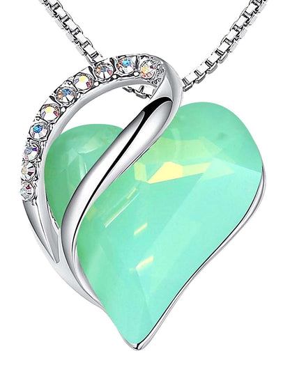 Infinity Love Birthstone Heart Necklace - 18K White Gold Plated Crystal Pendant Gift for Women 17-Luck-Opal Green