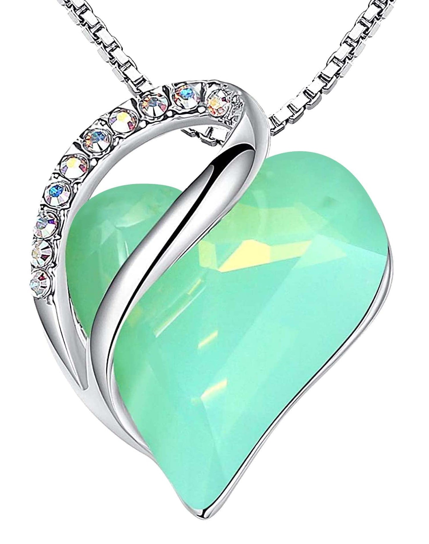 Infinity Love Birthstone Heart Necklace - 18K White Gold Plated Crystal Pendant Gift for Women 17-Luck-Opal Green