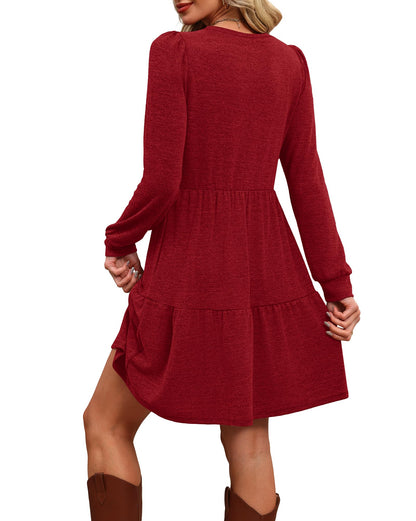 Women's Long Sleeve Fall Dresses with Pockets - Crew Neck Babydoll Casual Dress