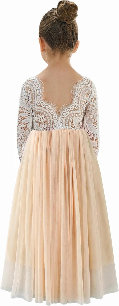 Girls Tulle Flower Girl Dress - Lace Back A-Line Party Dress 4T Champagne Sleeve Maxi