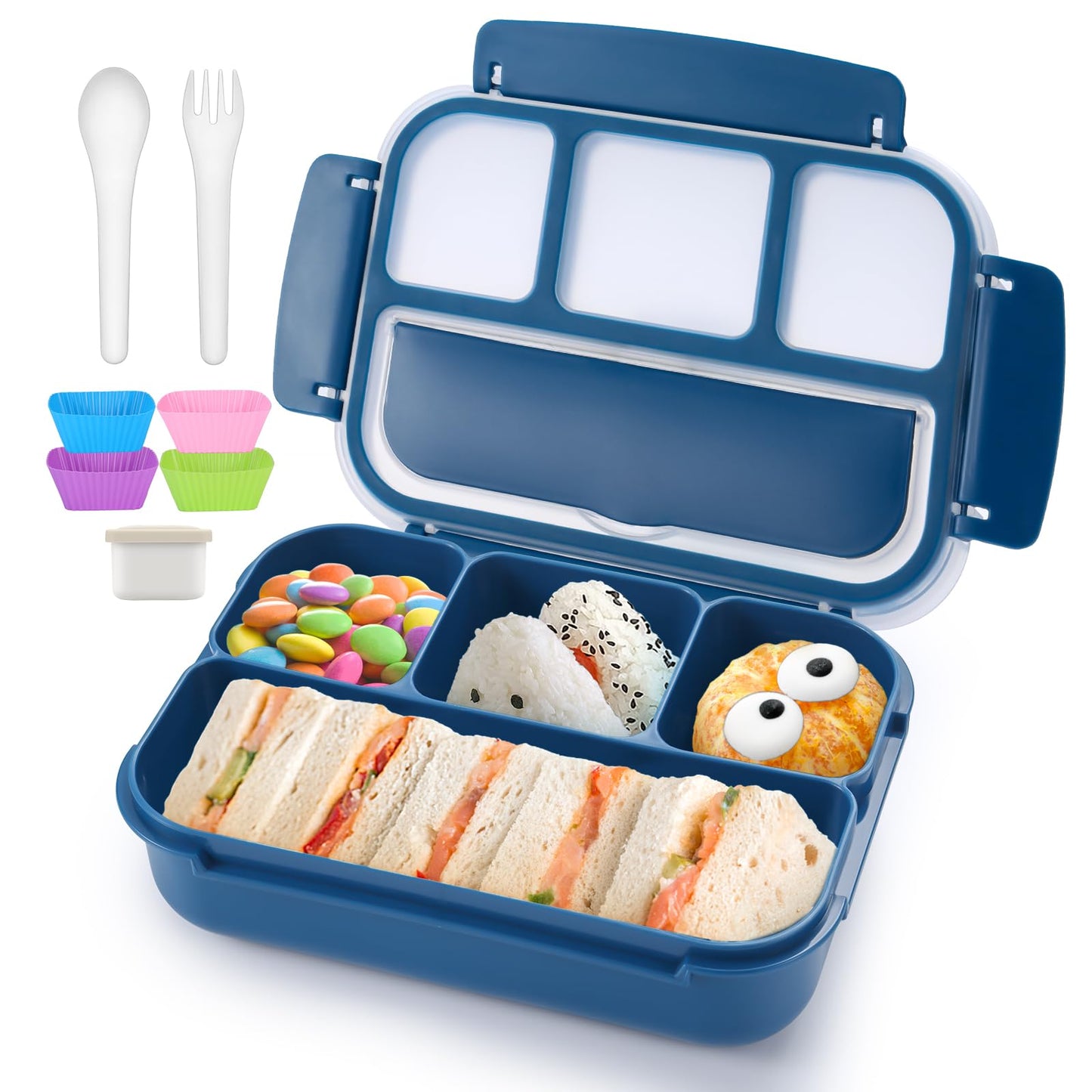 Bento Lunch Box for Kids - 4 Compartment Leak-Proof School Lunch Container with Utensils Purple Navy